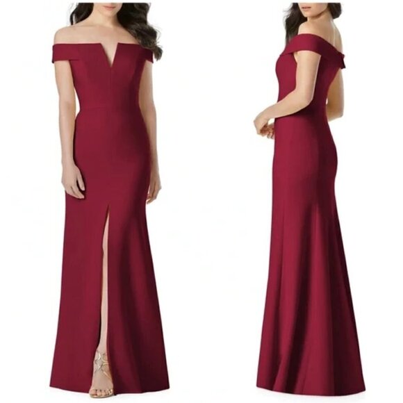 DESSY COLLECTION Notched Off the Shoulder Crepe Gown in Burgundy Size US 6R - Picture 1 of 8
